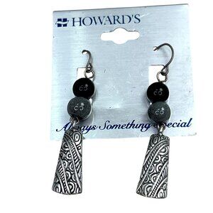 Howards Dangle Earrings Black Gray Silver Tone Stone Beaded Metal Embossed NWT
